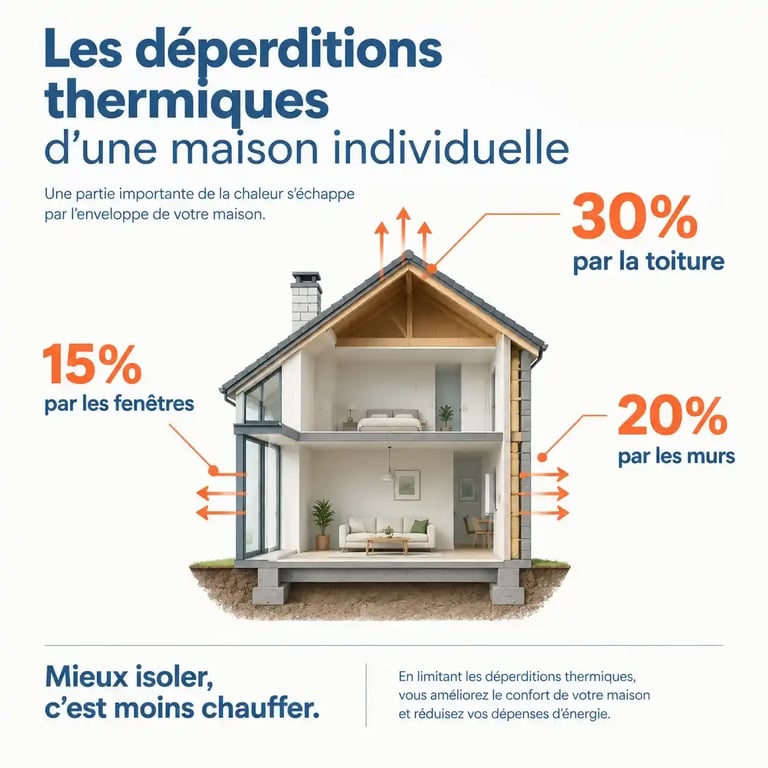 Infographie des pertes de chaleur d'une maison pour optimiser la rénovation énergétique avant la vente